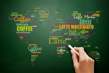 Coffee drinks word cloud in shape of World Map