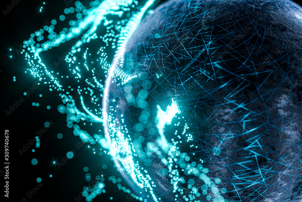 Poster glowing particles surrounding around the planet, 3d rendering.