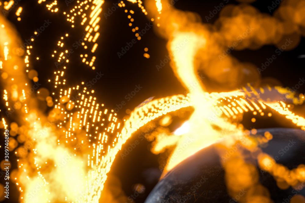 Poster glowing particles surrounding around the planet, 3d rendering.