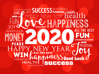 2020 year greeting word cloud collage, Happy New Year celebration greeting card