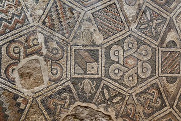 Floor mosaic in Roman ruins, modern Rimini, Italy
