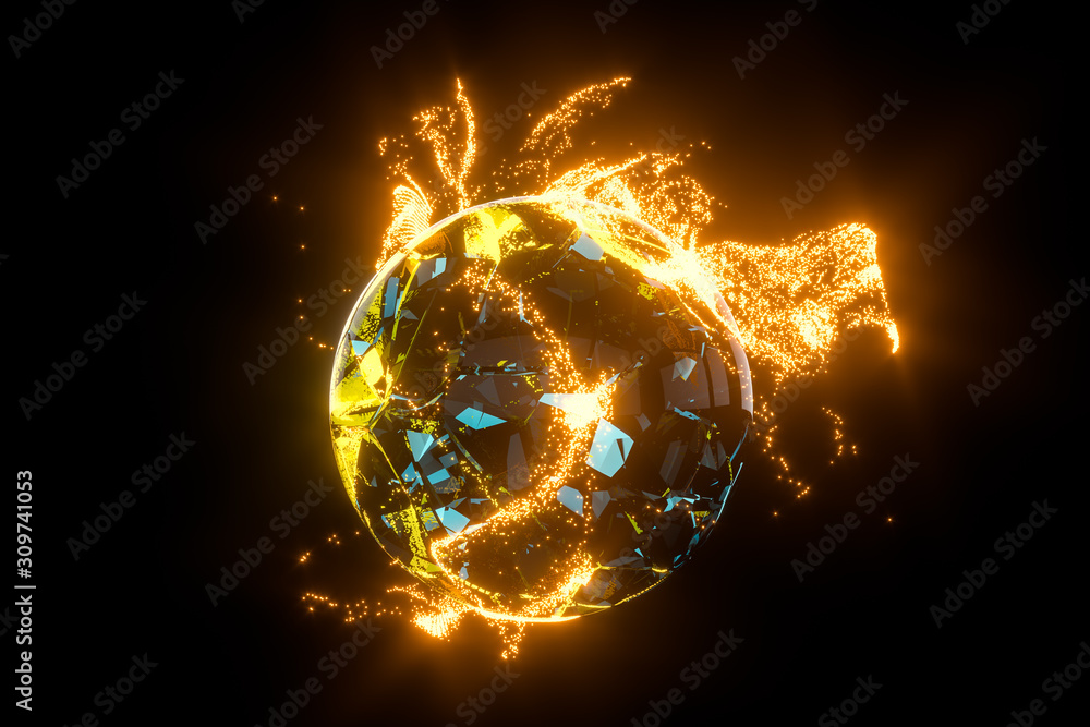 Poster glowing particles surrounding around the planet, 3d rendering.