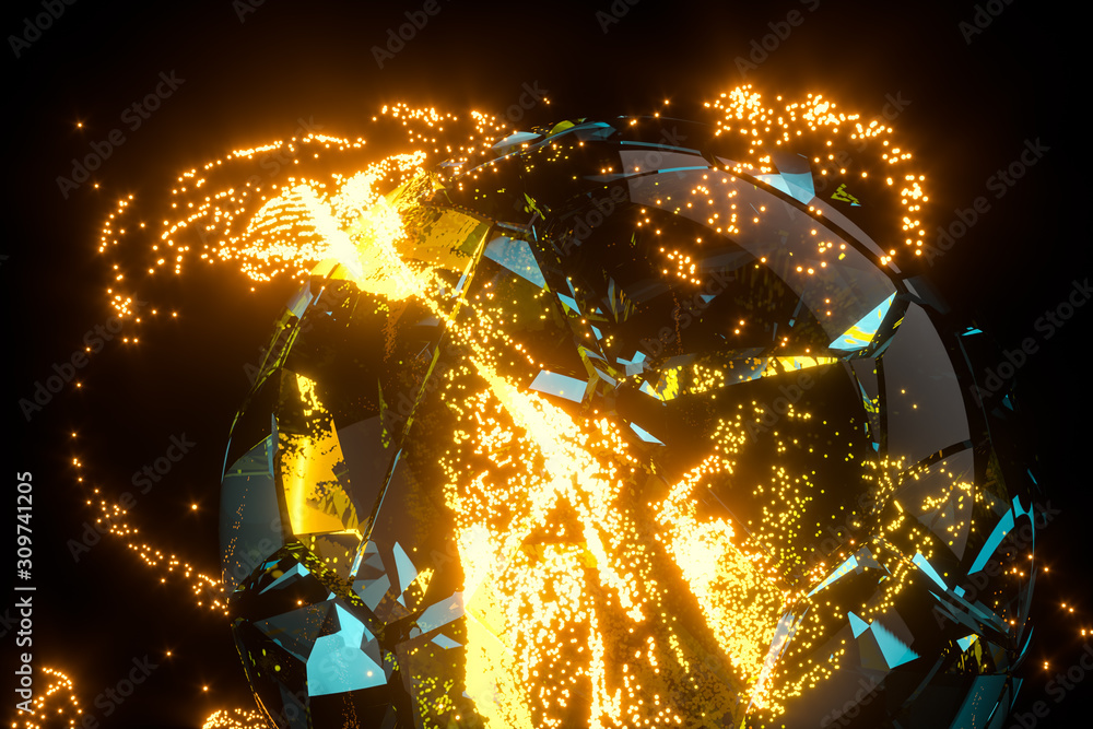Poster glowing particles surrounding around the planet, 3d rendering.