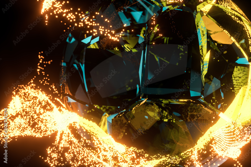 Poster glowing particles surrounding around the planet, 3d rendering.