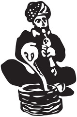 Indian fakir, Snake charmer playing pungi and hypnotizing cobra in basket, woodcut linocut or stencil graffiti style vector illustration 