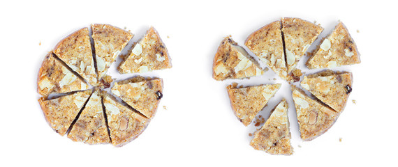 Oatmeal Cookies Dividing proportion in various piece. Isolated on white background.