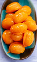 Thai desserts, Med Kanun (Mung Bean Yolk) Mung bean paste formed in egg yolk and sugar.