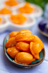 Thai desserts, Med Kanun (Mung Bean Yolk) Mung bean paste formed in egg yolk and sugar.