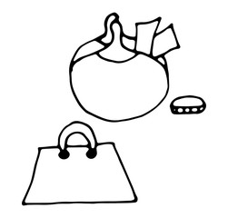 Pocket wallet with money and bag isolated icon vector illustration hand-drawn graphic design.