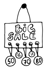 Big sale, discount hanging plate sign vector icon. Vector black and white linear illustration. For banners, posters, flyers.