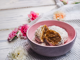 Fresh, fragrant homemade pastries. Close-up, side view. Tasty and healthy eating concept