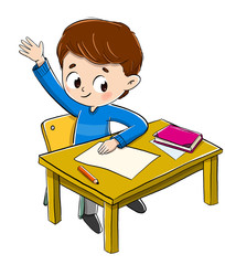 Child in class raising his hand to answer a question he knows