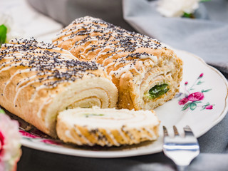 Fresh, fragrant homemade pastries. Close-up, side view. Tasty and healthy eating concept