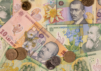 Romanian leu banknotes and coins, RON. Romania, ROU