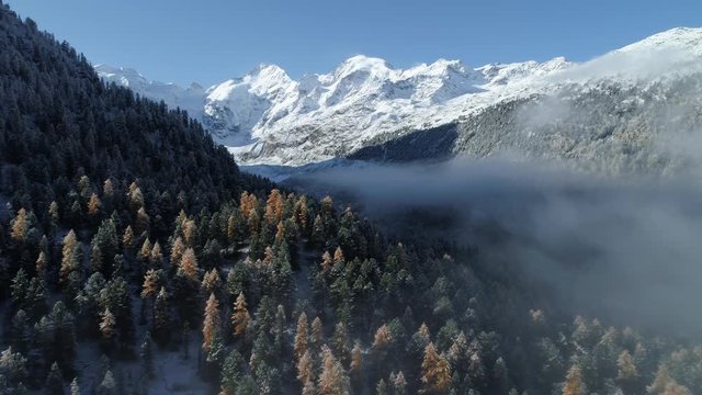 Aerial view of Morteratsch valley in autumn, Graubuenden, Switzerland