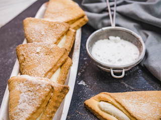 Fresh, fragrant homemade pastries. Close-up, side view. Tasty and healthy eating concept