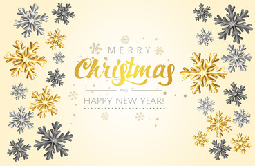 Golden Christmas Snowflake gliiter background. Festive xmas decoration gold shining  bright snowflake, snowflake border. Merry Christmas and Happy New Year Greeting card, holiday banner, web poster