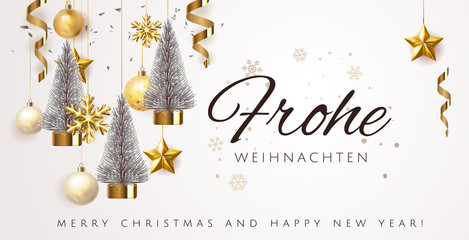 Golden Merry Christmas balls light white background. Festive xmas decoration gold glass christmas balls and glossy snowflake, stars, fir tree, stars. Vector illustration banner design template