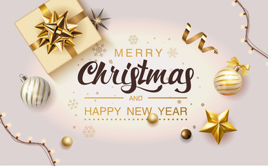 Golden Merry Christmas holiday winter poster pink silver. Festive Xmas decoration gold and gray Christmas balls and gift box with bow, stars, light garland. Vector illustration banner design template
