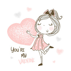 A sweet girl with a big heart in her hands. You're my Valentine. Vector.