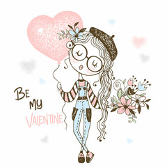Cute girl with a balloon in the form of a heart and a bouquet of flowers. Valentine. Vector.
