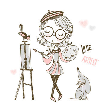 Cute little artist paints a picture. Vector. Doodle style.