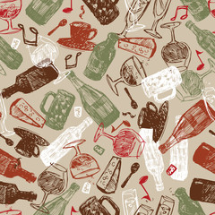 Vector beige baritalia colorful sketch illustration seamless pattern with chaotic arrangement of bottles, glasses and cups. Perfect for fabric and restaurant beverages menu.