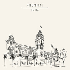 Chennai (Madras), Tamil Nadu, India. Central railway station. Hand drawn postcard - obrazy, fototapety, plakaty