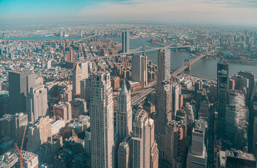 Aerial view of Lower East Side, downtown, Brooklyn Bridge and Manhattan Bridge, New York City.
