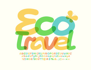 Vector colorful Emblem Eco Travel. Stylish transparent Font. Modern Alphabet Letters, Numbers and Symbols.