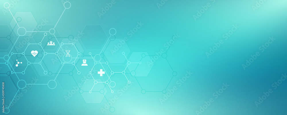 Poster Abstract medical background with flat icons and symbols. Template design with concept and idea for healthcare technology, innovation medicine, health, science and research.