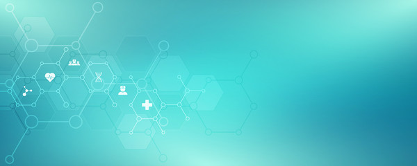 Abstract medical background with flat icons and symbols. Template design with concept and idea for healthcare technology, innovation medicine, health, science and research.