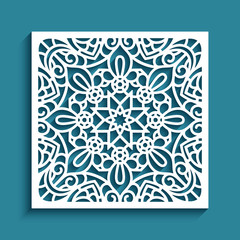 Square panel with lace pattern, openwork stencil ornament, cut out paper decoration, elegant template for laser cutting