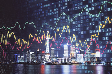 Financial graph on night city scape with tall buildings background multi exposure. Analysis concept.