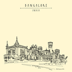 Naklejka premium Bangalore, Karnataka, India. Beautiful Bangalore palace. Vintage hand drawn postcard
