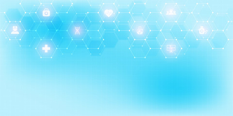 Abstract medical background with flat icons and symbols. Template design with concept and idea for healthcare technology, innovation medicine, health, science and research.