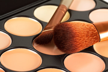 Brushes for concealer and palette of professional makeup concealer, close up image.