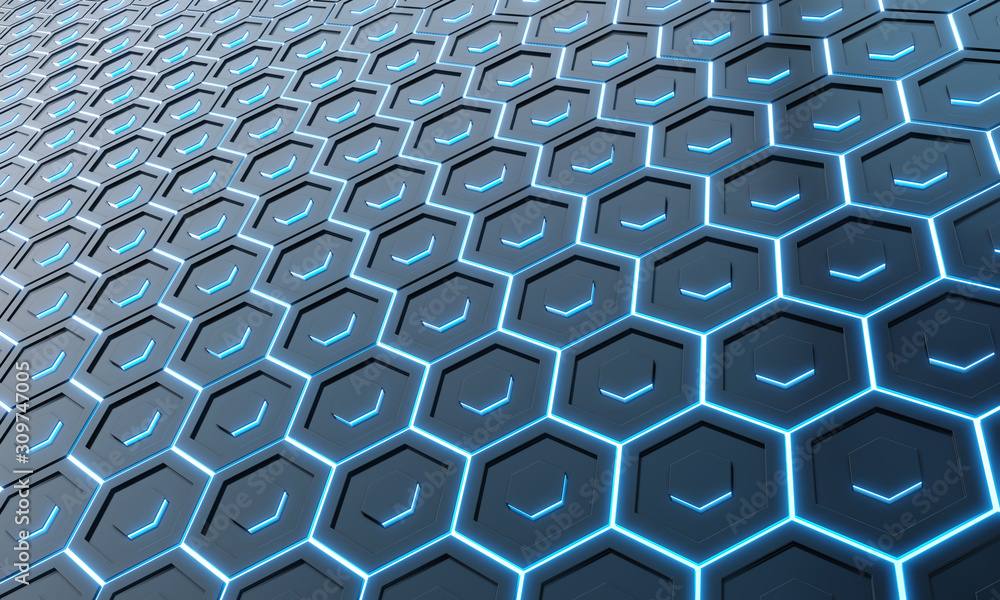 Poster glowing black and blue hexagons background pattern on silver metal surface 3d rendering