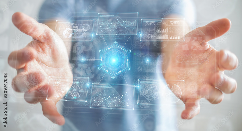 Poster businessman using digital technological interface with datas 3d rendering