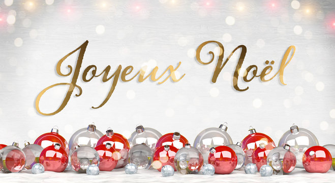 Christmas card greetings with red and silver christmas baubles 3D rendering in French