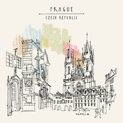Obraz premium Prague, Czech Republic, Europe. Orloj (The Prague Astronomical Clock) and the Tyn Church. Travel sketch. Hand drawn vintage touristic postcard, poster, book or calendar illustration in vector