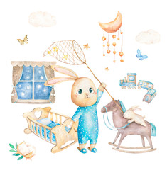 Cute happy birthday card with cartoon Bunny and baby room, butterfly and catoon. Watercolor rabbit clip art and beauty boho. Baby Shower card nursery