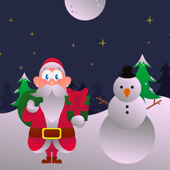 Santa Claus carry a sack with gift poses with snowman in winter night scenery