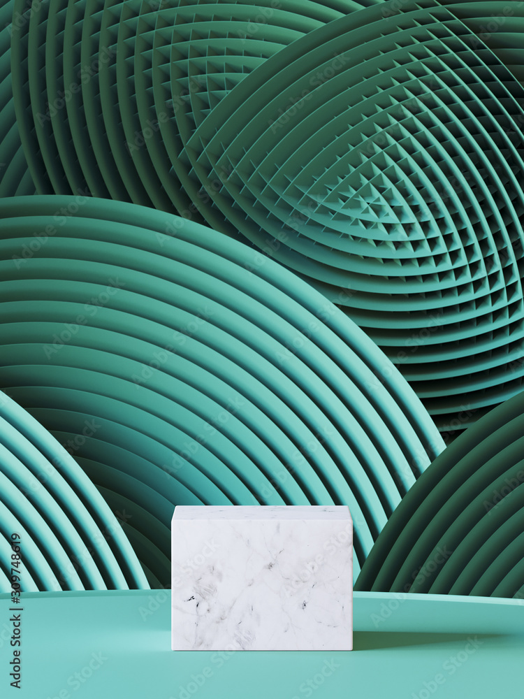 Poster cosmetic background for product presentation. white marble podium on green color circular geometry p