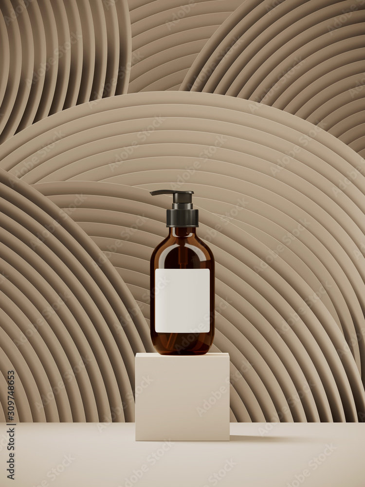 Poster cosmetic background for product presentation. cosmetic bottle on podium, on cream color circular geo