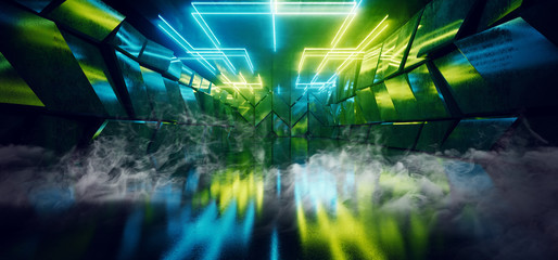 Smoke Sci Fi Phantom Green Blue Glowing Led Neon Lights Blue Vibrant Dark On Abstract Concrete Texture Garage Underground Grunge 3D rendering