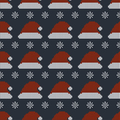 Seamless background with pixel snowflakes and santa hat. Winter vector illustration for New Year and Christmas. 8 bit. Pixel art.