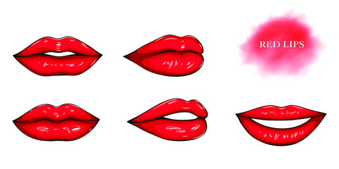 Hand-drawn red glossy female lips