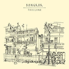 Bangkok, Thailand, Asia. Renovated canal Klong Ong Ang. Old laid back traditional houses in Chinatown. Travel sketch. Artistic vintage hand drawn touristic postcard. Vector illustration