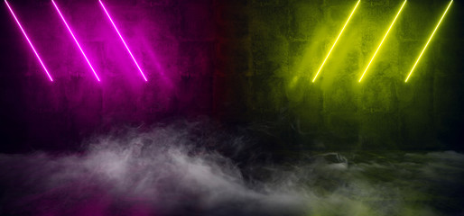 Smoke Neon Glowing Fog Laser Beams Lines Green Blue Vibrant Stage Empty Space Tunnel Corridor Hallway Path Concrete 3D Rendering
